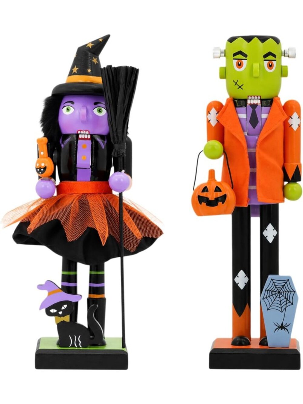 2pc Halloween Nutcracker Set - 10” Witch & Frankenstein Figurines for Autumn